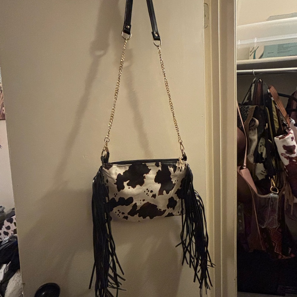 Cow Print Fringe Shoulder Bag
